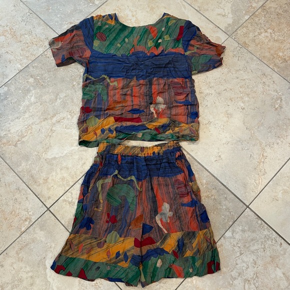 Karen Kane Pants - Vintage Karen Kane 2 Piece Set Women 4 Multicolor Shirt Shorts Art Rayon 90s USA